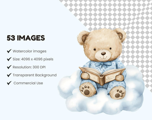 Blue Teddy Bear Clipart Bundle, Watercolor Teddy Bear Clipart, Teddy Bear png, Cute Teddy Bear, Teddy Bear Clipart Baby Shower