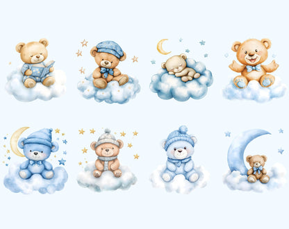 Blaues Teddybär-Clipart-Bundle, Aquarell-Teddybär-Clipart, Teddybär-PNG, Niedlicher Teddybär, Teddybär-Clipart für Babypartys