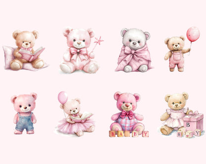 Clipart-Bundle mit rosa Teddybären, Aquarell-Teddybären-Cliparts, Teddybär-PNG, niedlicher Teddybär, Teddybär-Cliparts für Babypartys