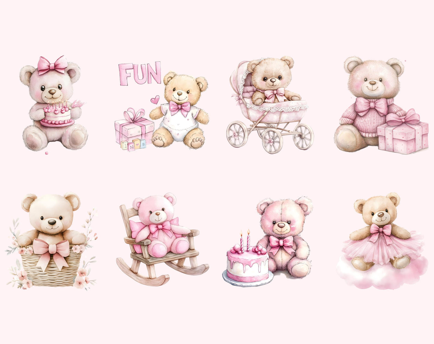 Clipart-Bundle mit rosa Teddybären, Aquarell-Teddybären-Cliparts, Teddybär-PNG, niedlicher Teddybär, Teddybär-Cliparts für Babypartys