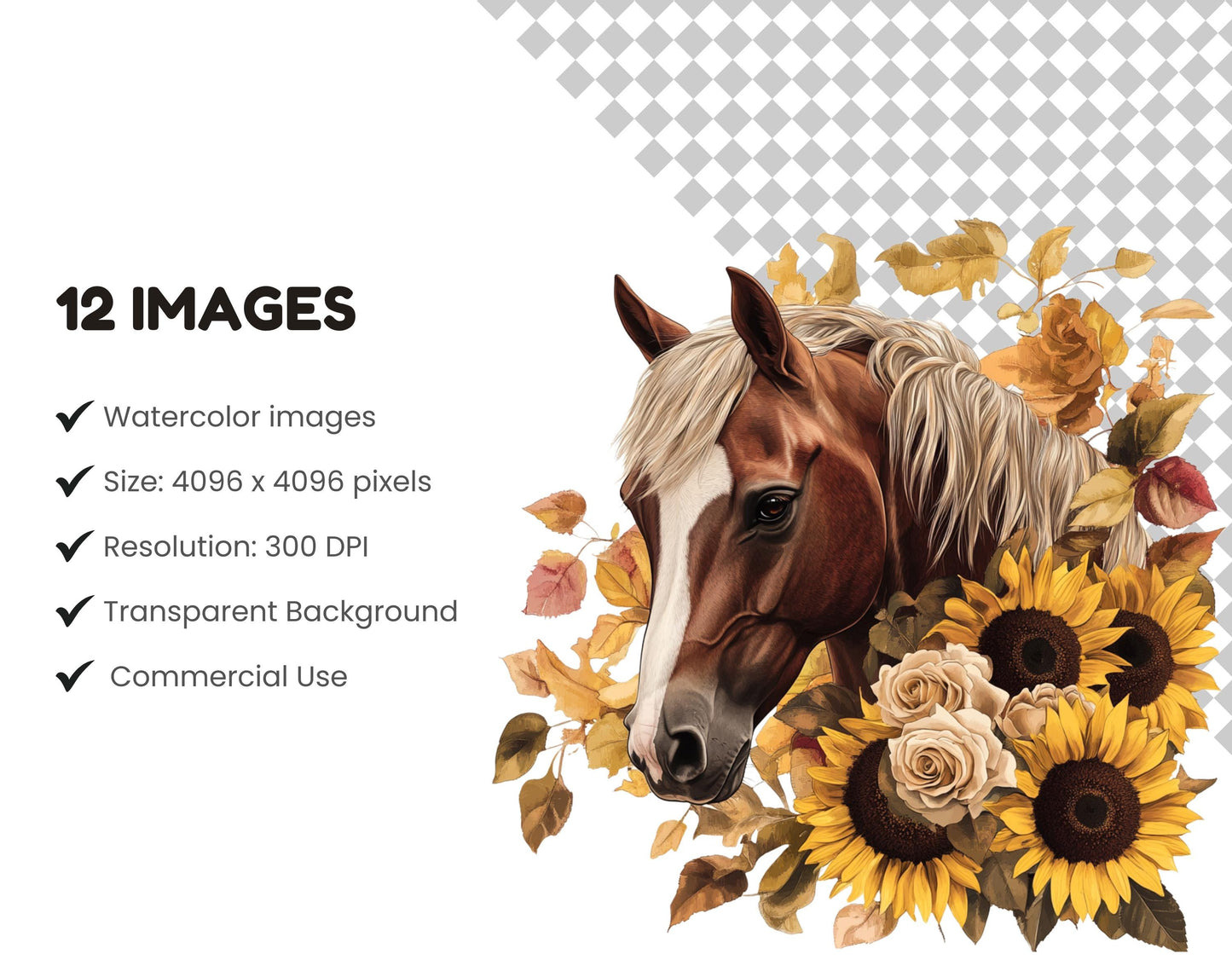 Aquarell-Blumenpferd-Clipart-Bundle, Boho-Stil (PNG-Digitaldownload)