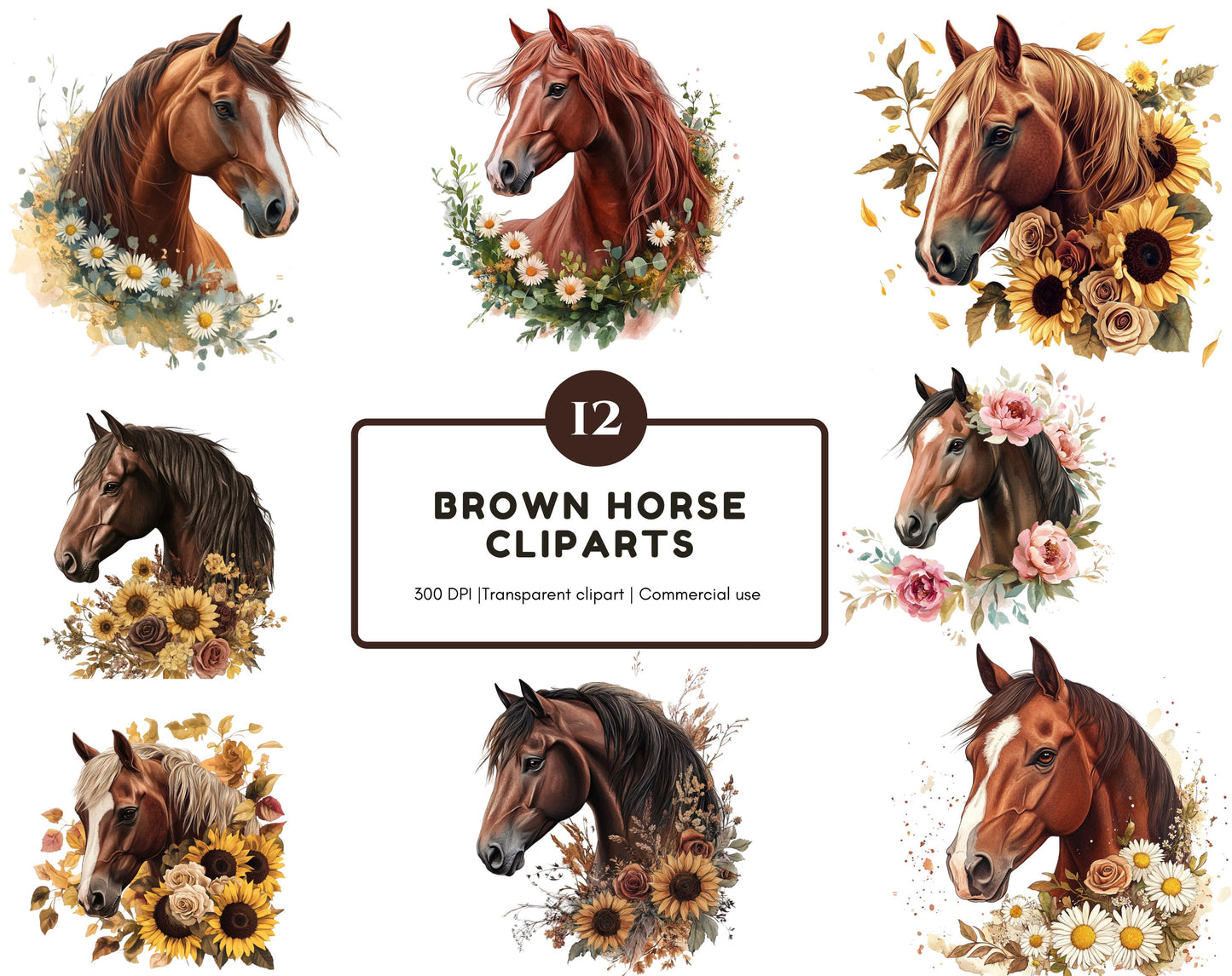 Aquarell-Blumenpferd-Clipart-Bundle, Boho-Stil (PNG-Digitaldownload)