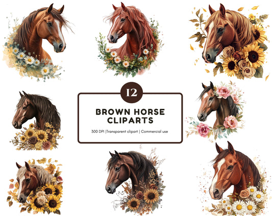 Watercolor Floral Horse Clipart Bundle, Boho Style (PNG Digital Download)
