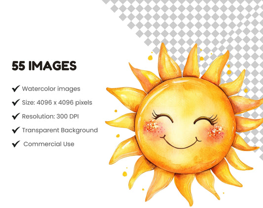Watercolor Sun Clipart png Bundle, Sun Clipart Set, Sun png, Boho Clipart, Boho Sun, Sunshine Clipart, Summer Sun Clipart, Retro Sun png