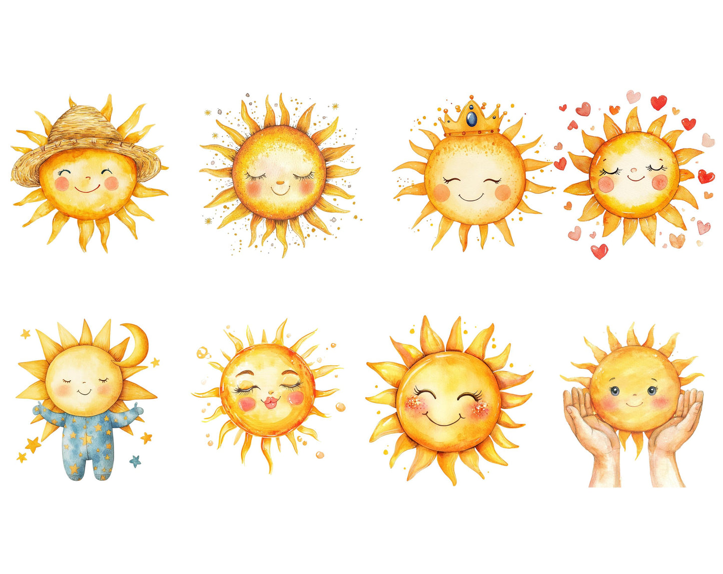 Ensemble d'images clipart de soleil aquarelle (PNG), Ensemble d'images clipart de soleil, Soleil PNG, Images clipart bohème, Soleil bohème, Images clipart de soleil, Images clipart de soleil d'été, Images clipart de soleil rétro (PNG)