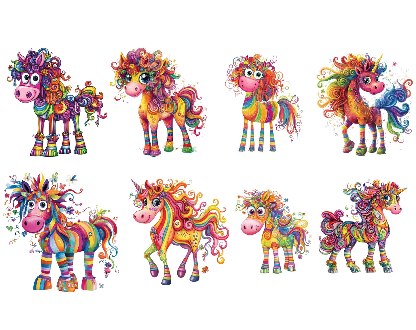 30 skurrile Aquarell-Pferde-Cliparts, verspielte Fantasy-PNG-Bilder (Digitaler Download)