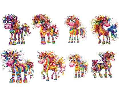 30 skurrile Aquarell-Pferde-Cliparts, verspielte Fantasy-PNG-Bilder (Digitaler Download)