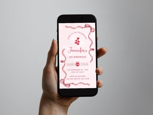 Pink 1st Birthday Invitation Girl: Ribbon Phone E-Invite (Canva Template)