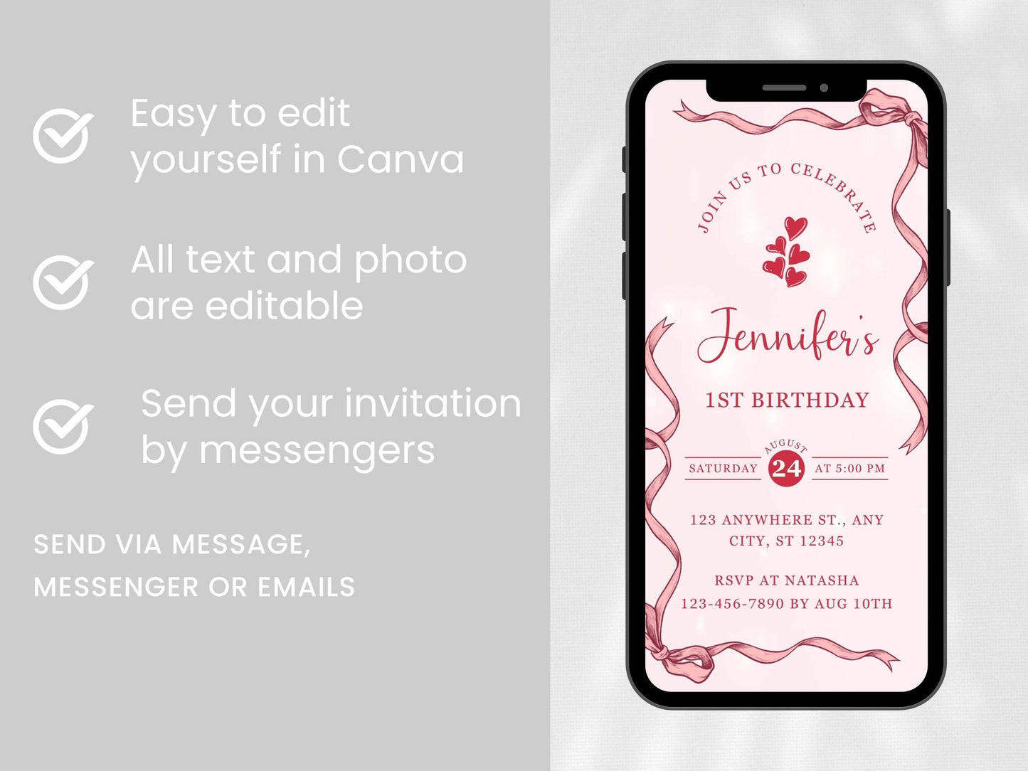 Pink 1st Birthday Invitation Girl: Ribbon Phone E-Invite (Canva Template)