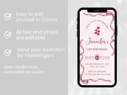 Pink 1st Birthday Invitation Girl: Ribbon Phone E-Invite (Canva Template)