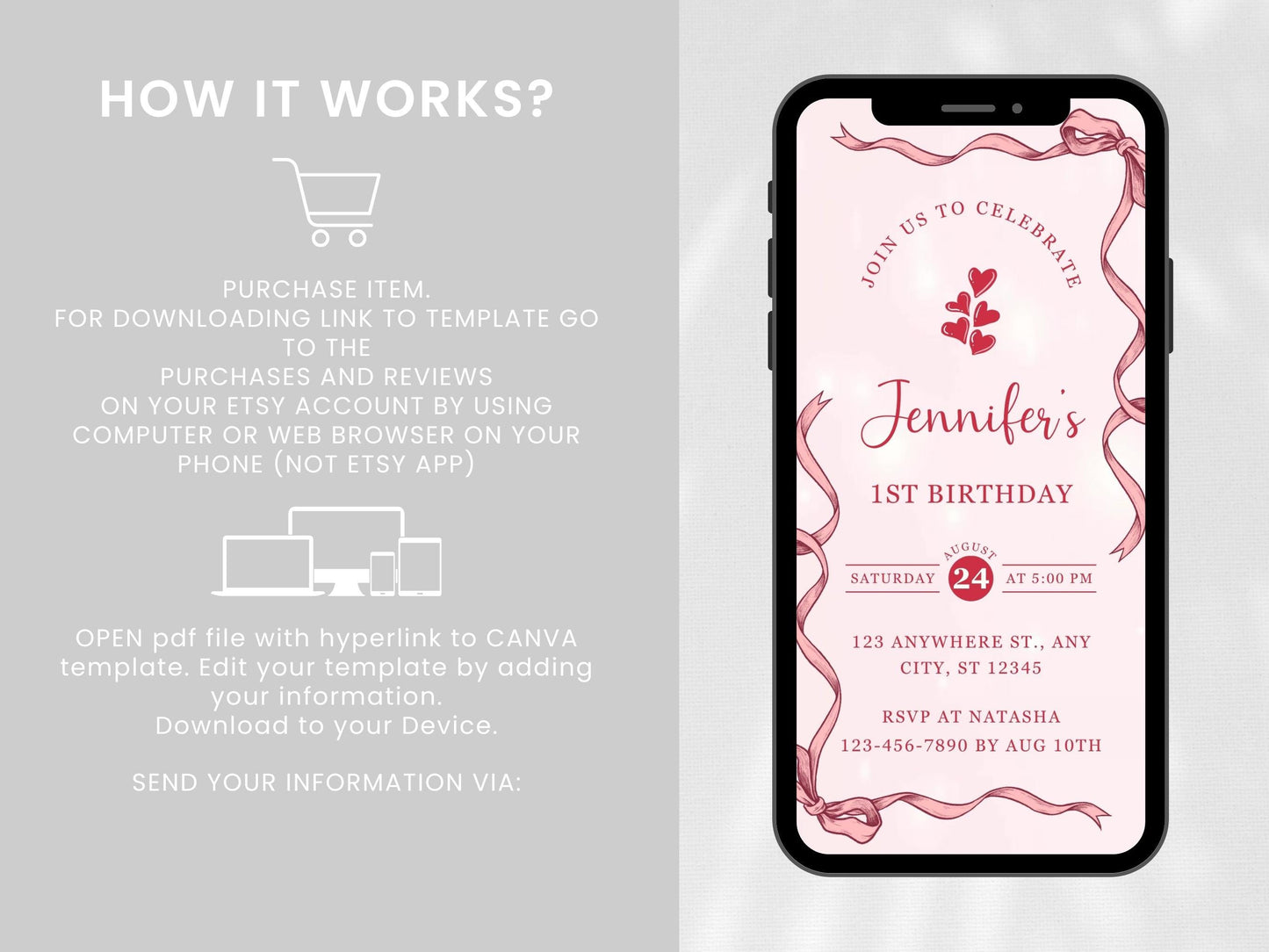 Pink 1st Birthday Invitation Girl: Ribbon Phone E-Invite (Canva Template)