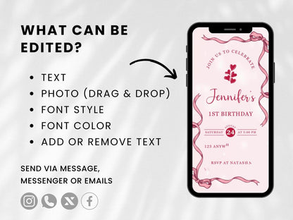Pink 1st Birthday Invitation Girl: Ribbon Phone E-Invite (Canva Template)