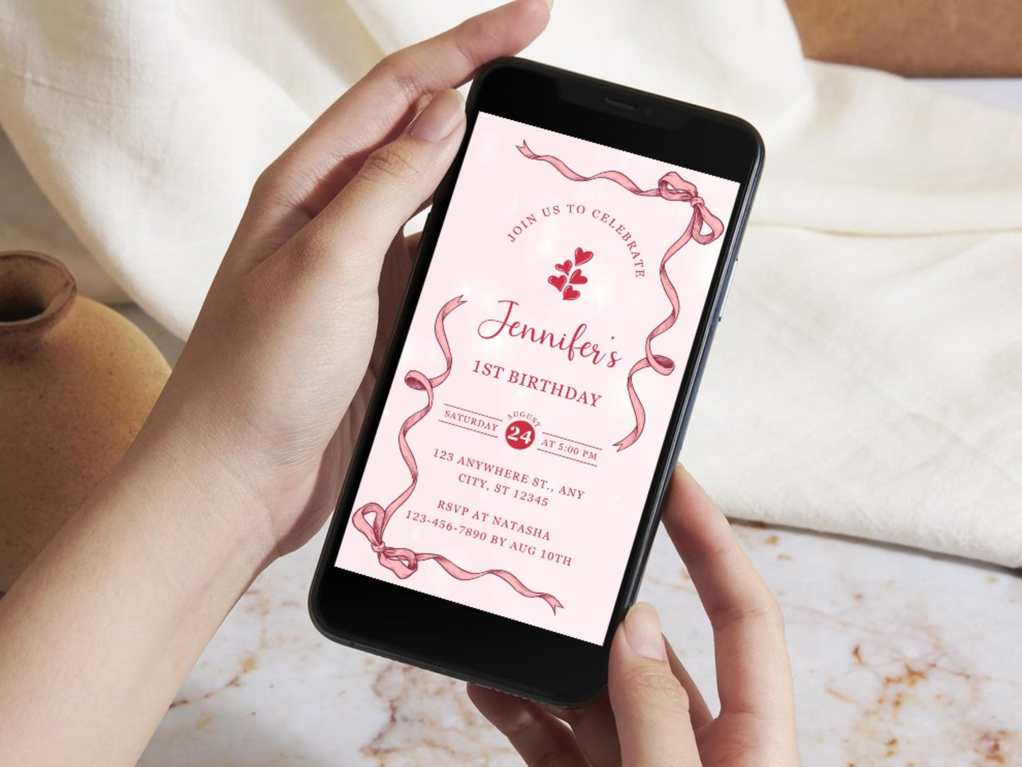 Pink 1st Birthday Invitation Girl: Ribbon Phone E-Invite (Canva Template)