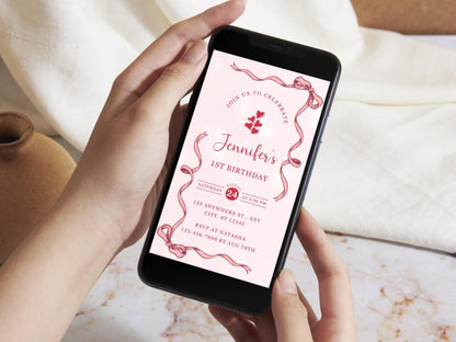 Pink 1st Birthday Invitation Girl: Ribbon Phone E-Invite (Canva Template)