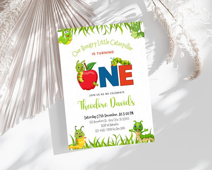 Einladung zum 1. Geburtstag mit der Raupe Nimmersatt, Apfelwurm-Thema (Canva-Vorlage)