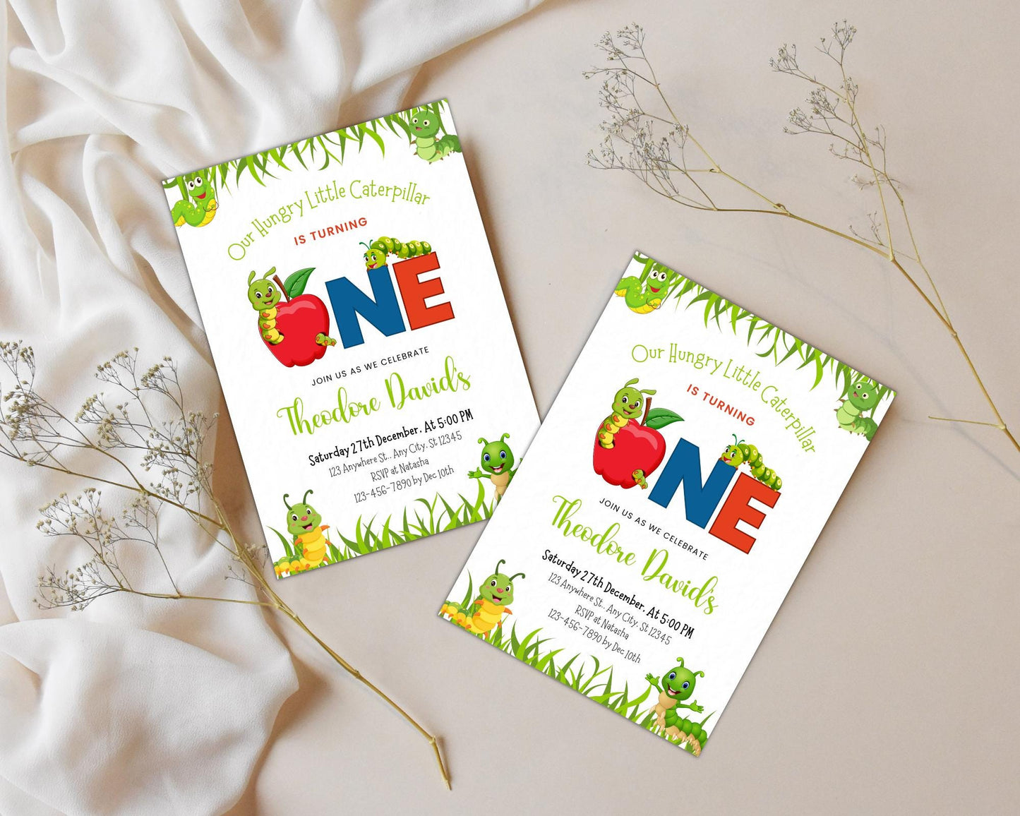 Einladung zum 1. Geburtstag mit der Raupe Nimmersatt, Apfelwurm-Thema (Canva-Vorlage)