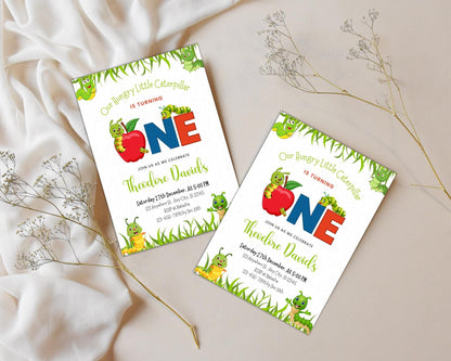Einladung zum 1. Geburtstag mit der Raupe Nimmersatt, Apfelwurm-Thema (Canva-Vorlage)