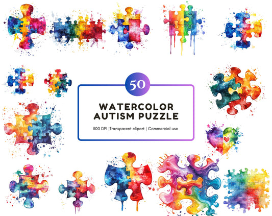 Watercolor Autism Awareness Clipart Bundle, Colorful Puzzle Piece Autism Awareness png, Autism Puzzle Heart Clipart, Autism Awareness Bundle