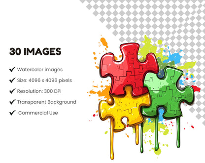 Watercolor Autism Piece Bundle Clipart, Autism Piece Clipart, Autism Awareness Puzzle png, Autism Puzzle png, Autism Awareness png Clipart