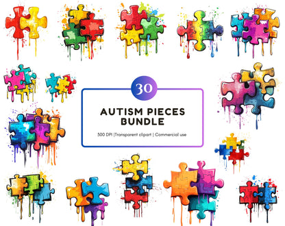 Watercolor Autism Piece Bundle Clipart, Autism Piece Clipart, Autism Awareness Puzzle png, Autism Puzzle png, Autism Awareness png Clipart