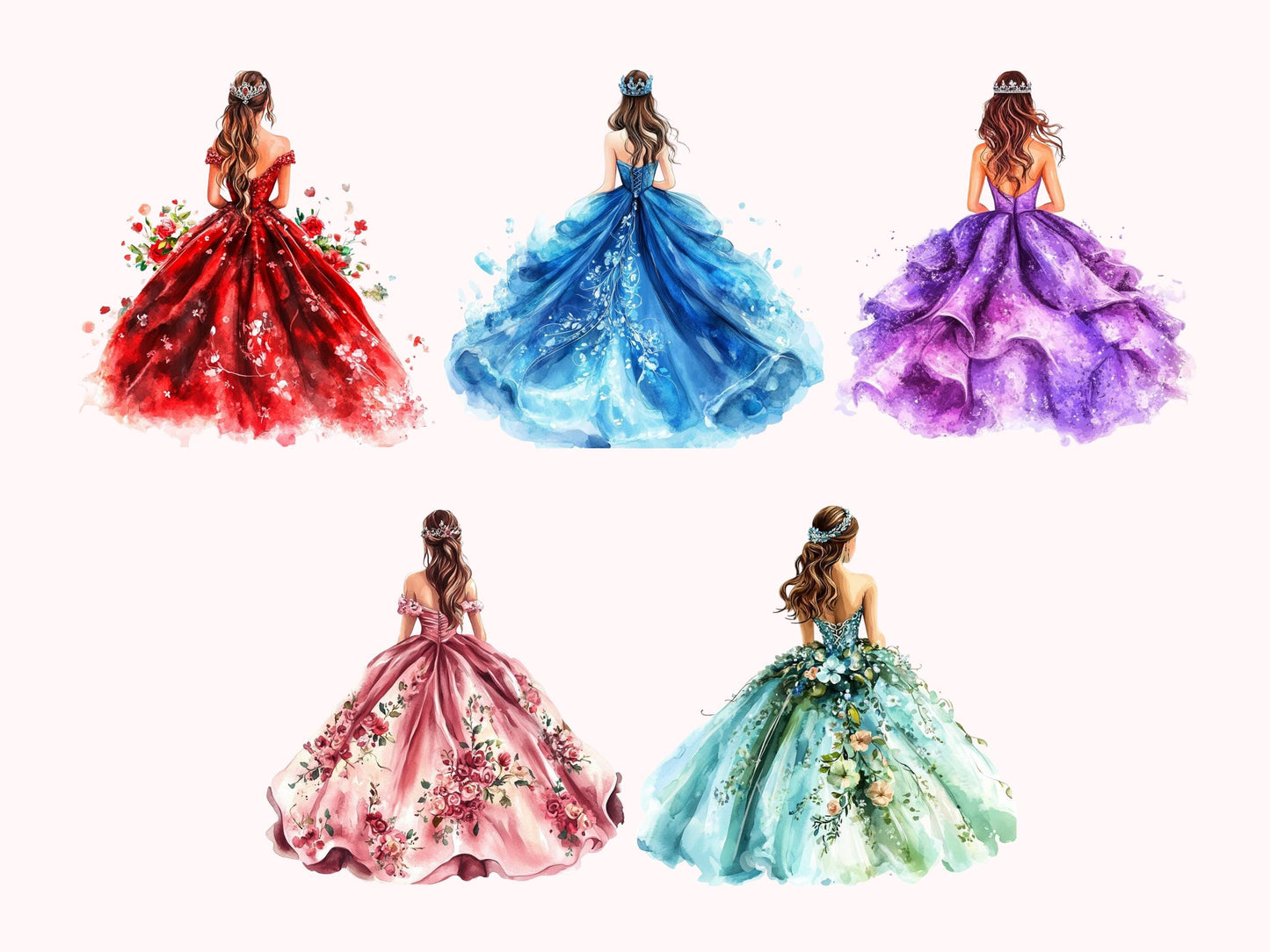 Watercolor Quinceanera Clipart Set, Quinceanera png, Quinceanera Clipart, Flowers And Crown Clipart, Quinceanera Crown Clipart png