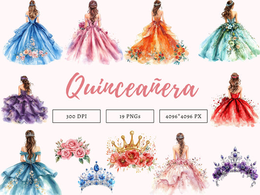 Watercolor Quinceanera Clipart Set, Quinceanera png, Quinceanera Clipart, Flowers And Crown Clipart, Quinceanera Crown Clipart png