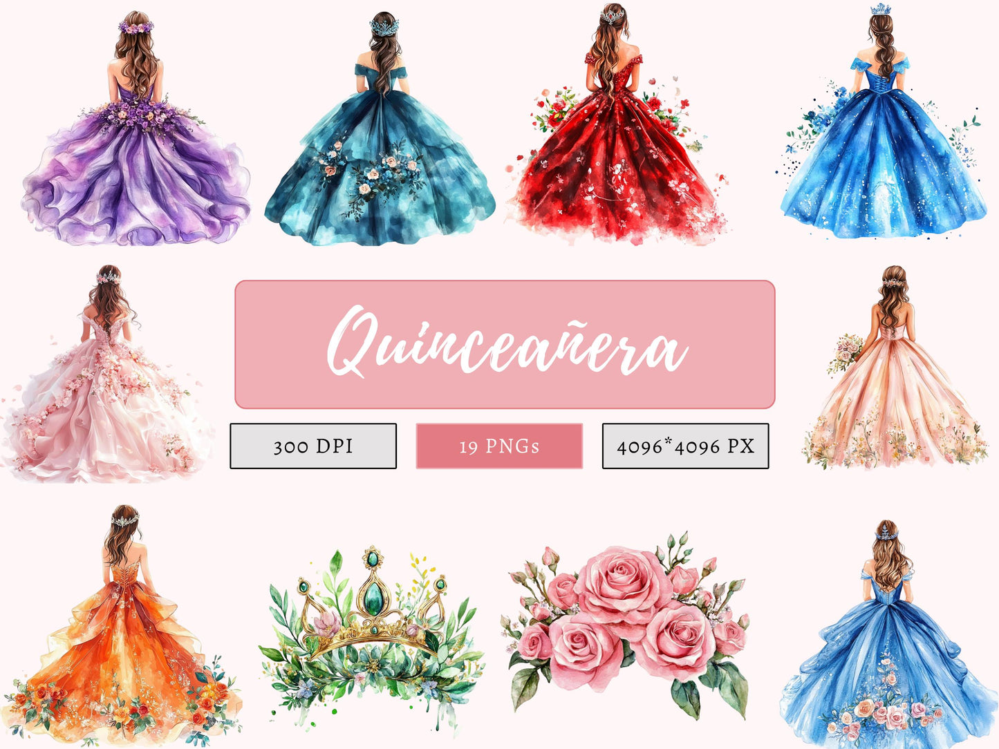 Watercolor Quinceanera Clipart Set, Quinceanera png, Quinceanera Clipart, Flowers And Crown Clipart, Quinceanera Crown Clipart png