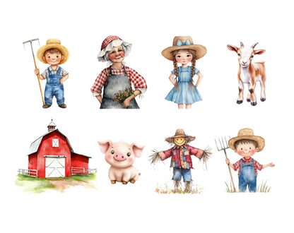 Aquarell-Bauernhof-Clipart-Set, Niedliche Bauernhof-Clipart (PNG), Bauernhoftiere-Clipart, Bauernhofleben-Clipart, Tier-Clipart, Niedlicher Bauernhof (PNG)