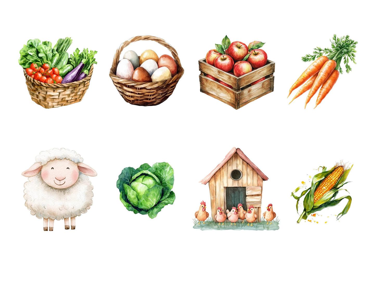 Aquarell-Bauernhof-Clipart-Set, Niedliche Bauernhof-Clipart (PNG), Bauernhoftiere-Clipart, Bauernhofleben-Clipart, Tier-Clipart, Niedlicher Bauernhof (PNG)