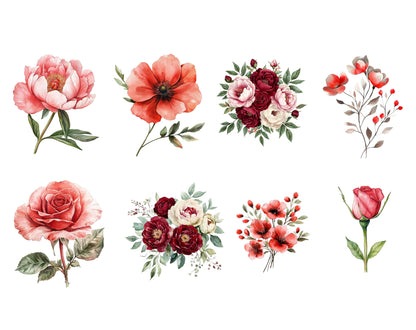 Rote Rose als Aquarell-Clipart, florales PNG (Digitaler Download)
