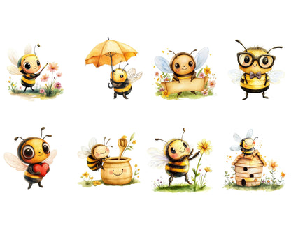 Bee Clipart Bundle png, Watercolor Bee Clipart Set, Cute Bee Clipart, Bee Hive png, Honey Comb Clipart, Honey Bees Clipart