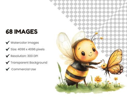 Bee Clipart Bundle png, Watercolor Bee Clipart Set, Cute Bee Clipart, Bee Hive png, Honey Comb Clipart, Honey Bees Clipart