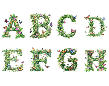 Aquarell-Blumenalphabet-Cliparts, grüne Buchstaben (PNG-Digitaldownload)