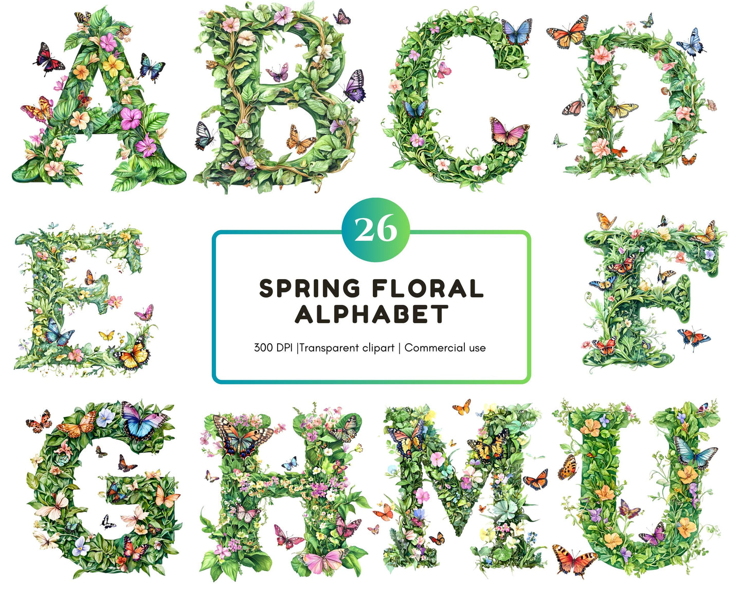 Aquarell-Blumenalphabet-Cliparts, grüne Buchstaben (PNG-Digitaldownload)
