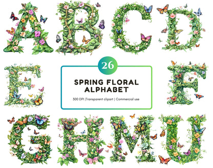 Aquarell-Blumenalphabet-Cliparts, grüne Buchstaben (PNG-Digitaldownload)