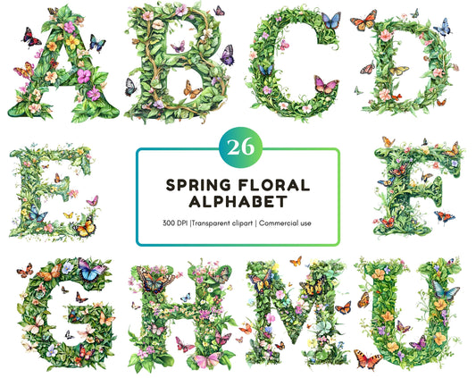 Watercolor Floral Alphabet Clipart, Greenery Letters (PNG Digital Download)