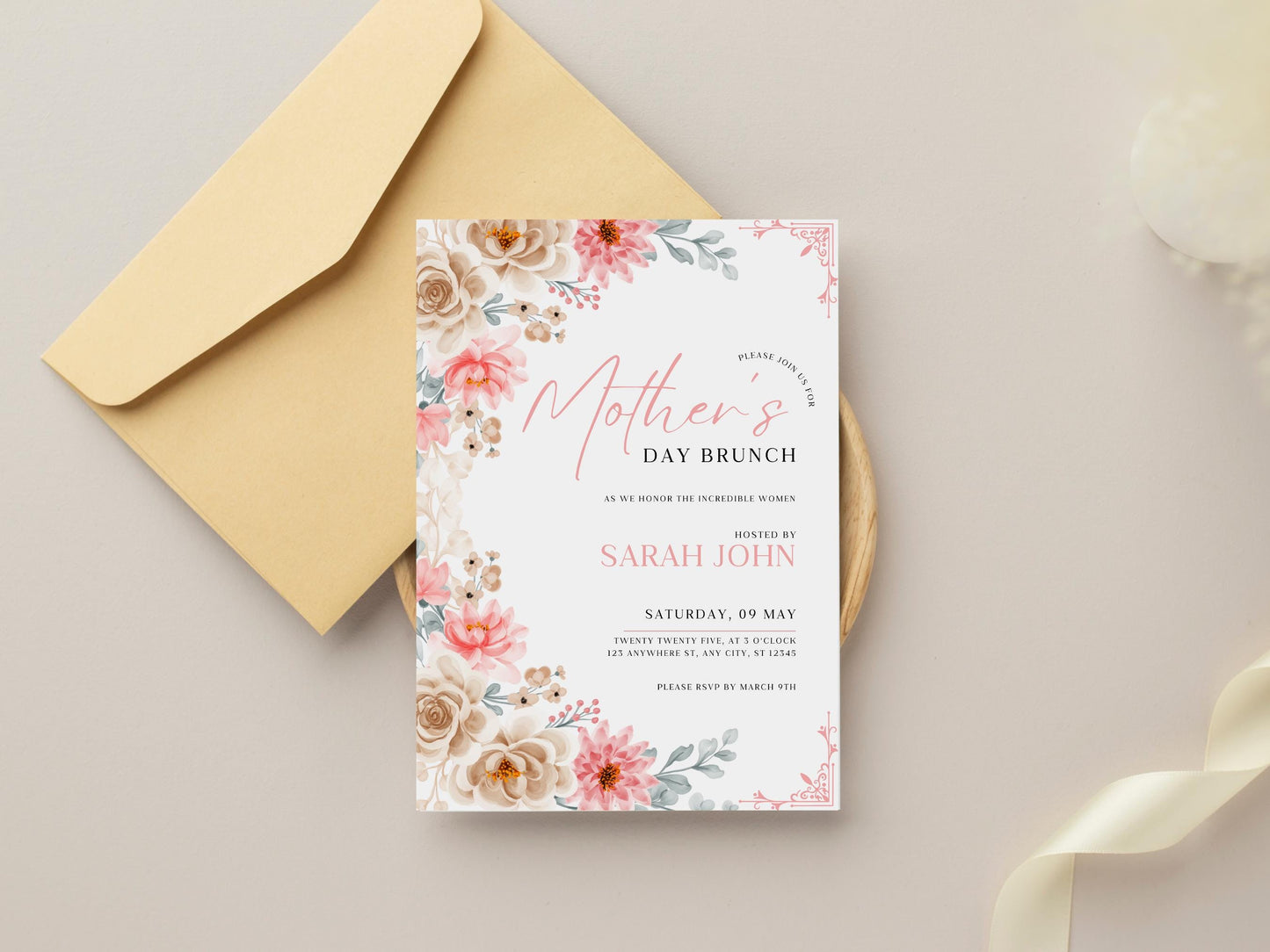 Floral Mother's Day Brunch Invitation Template (5x7, Canva Editable)