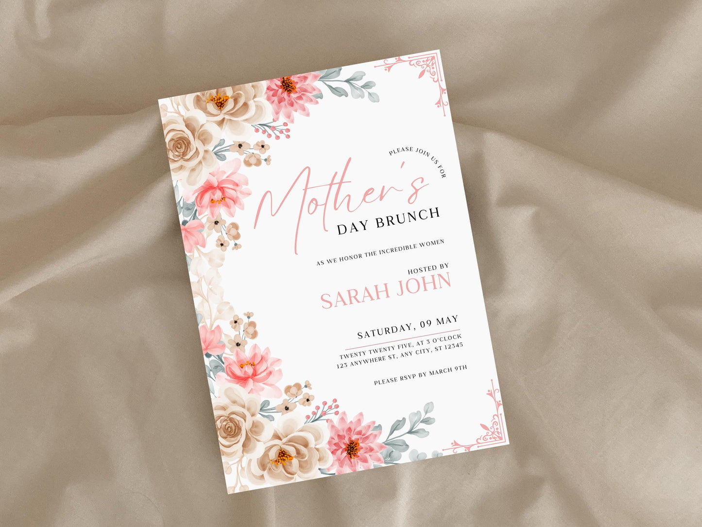 Floral Mother's Day Brunch Invitation Template (5x7, Canva Editable)