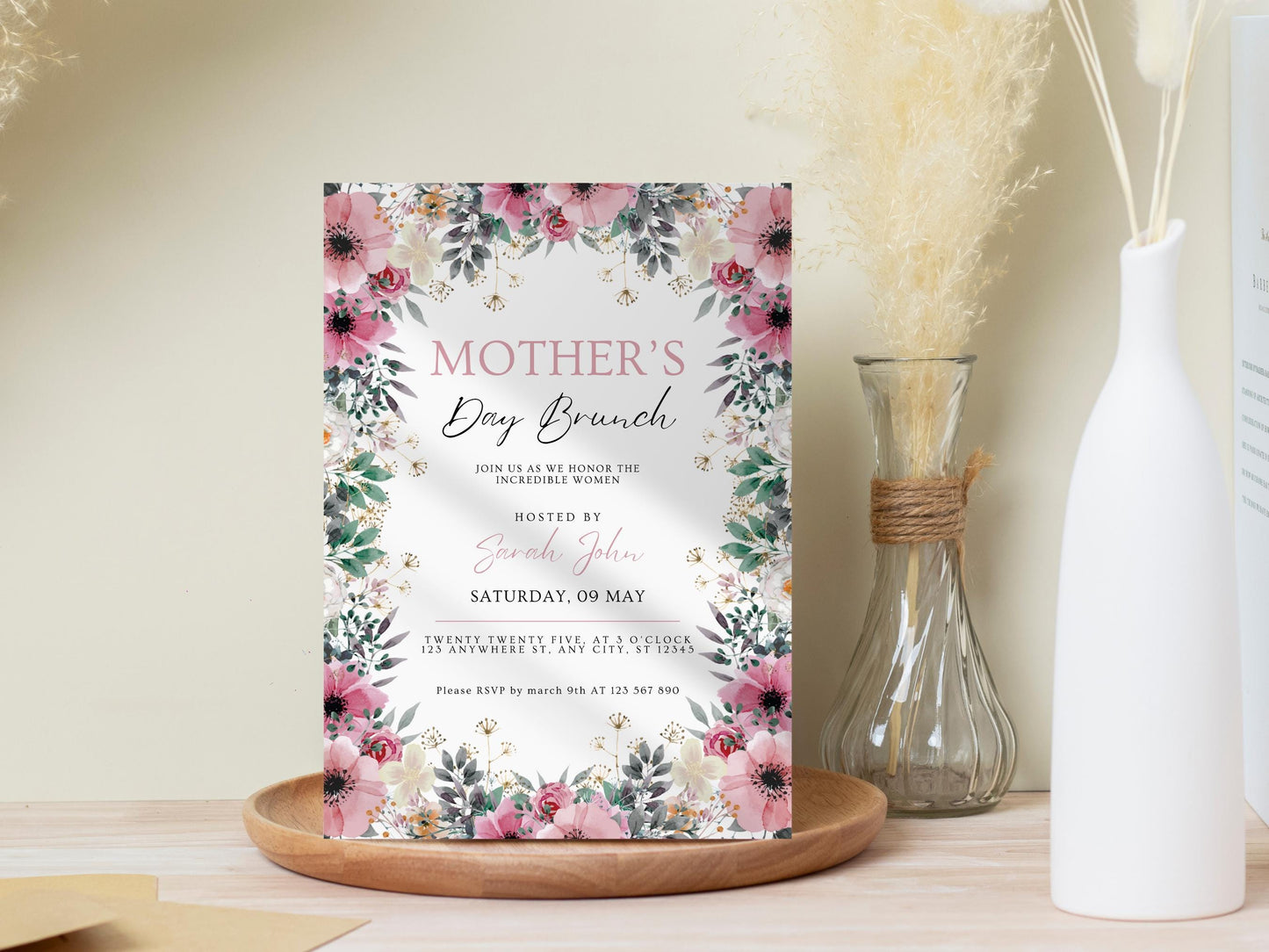 Floral Mother's Day Brunch Invitation Template (Canva Editable)