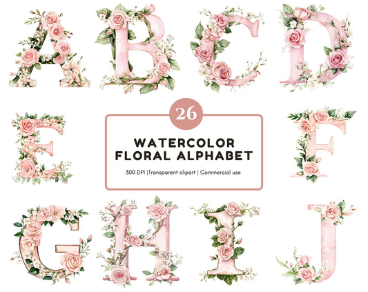 Watercolor Floral Alphabet Clipart. Pink Floral Alphabet Clipart, Alphabet And Number png, Letters Clipart png, Pink Alphabet Clipart