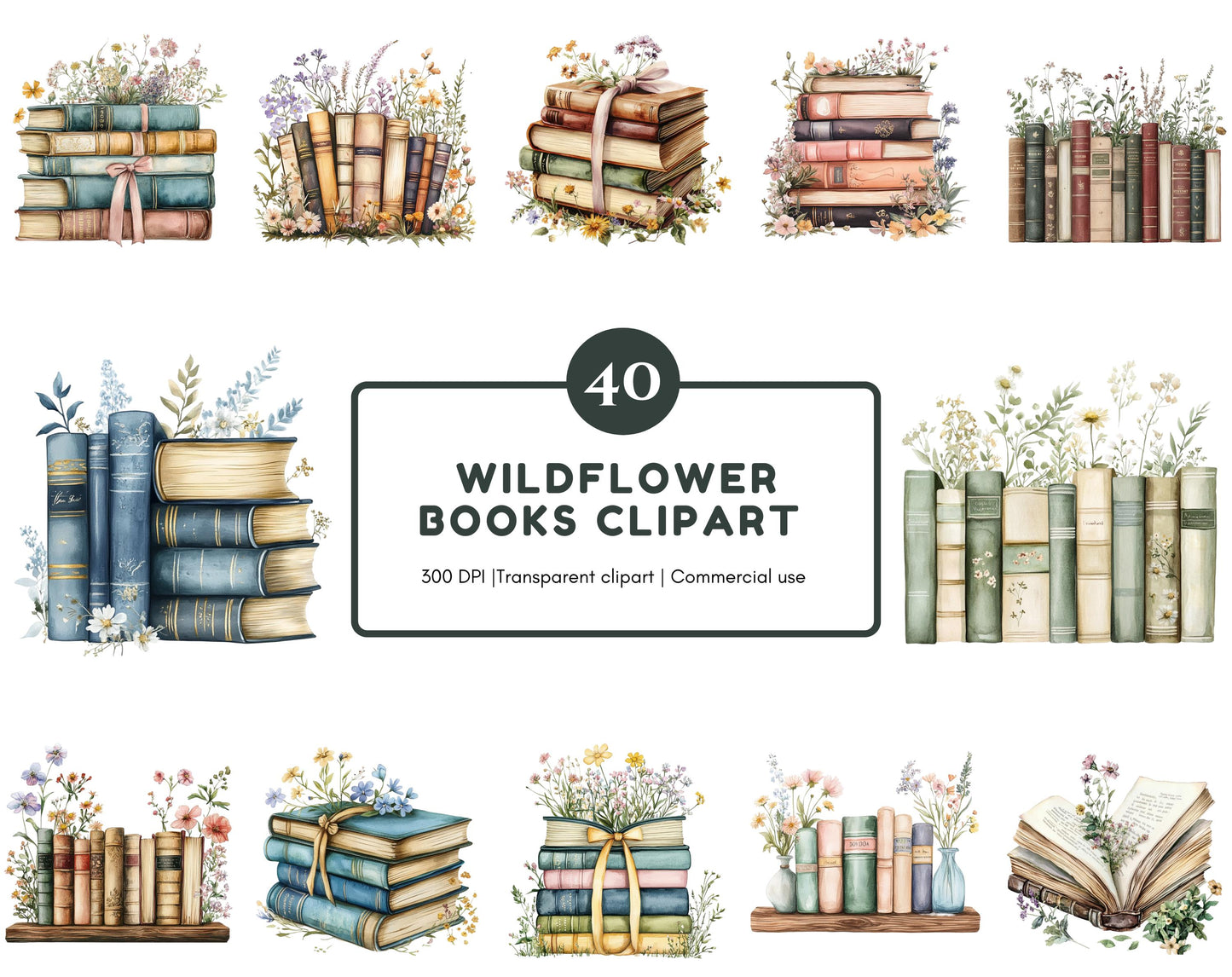 Floral Book Clipart Set, Wildflower Book Clipart png, Watercolor Flower Book Clipart png, Book png Bundle, Book Lovers png, Boho Floral Book