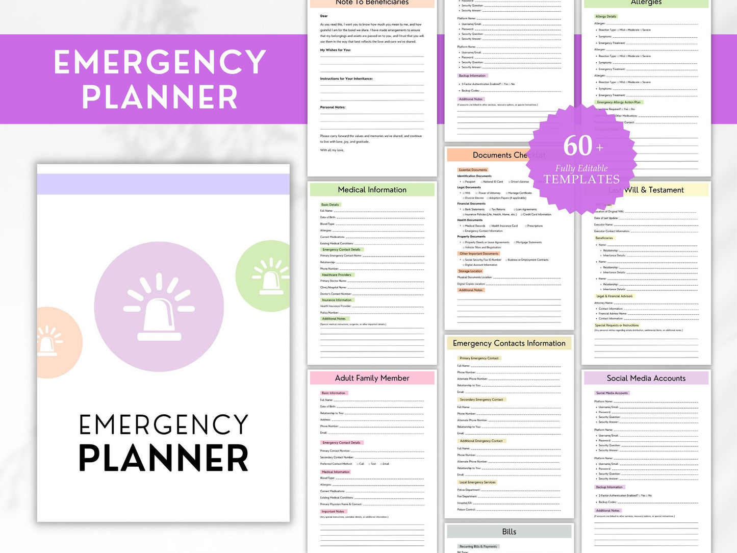 Emergency Planner Printable, Home Management Binder, Editable Health Planner, Financial Account, Bill, Documents Checklist, Digital Download