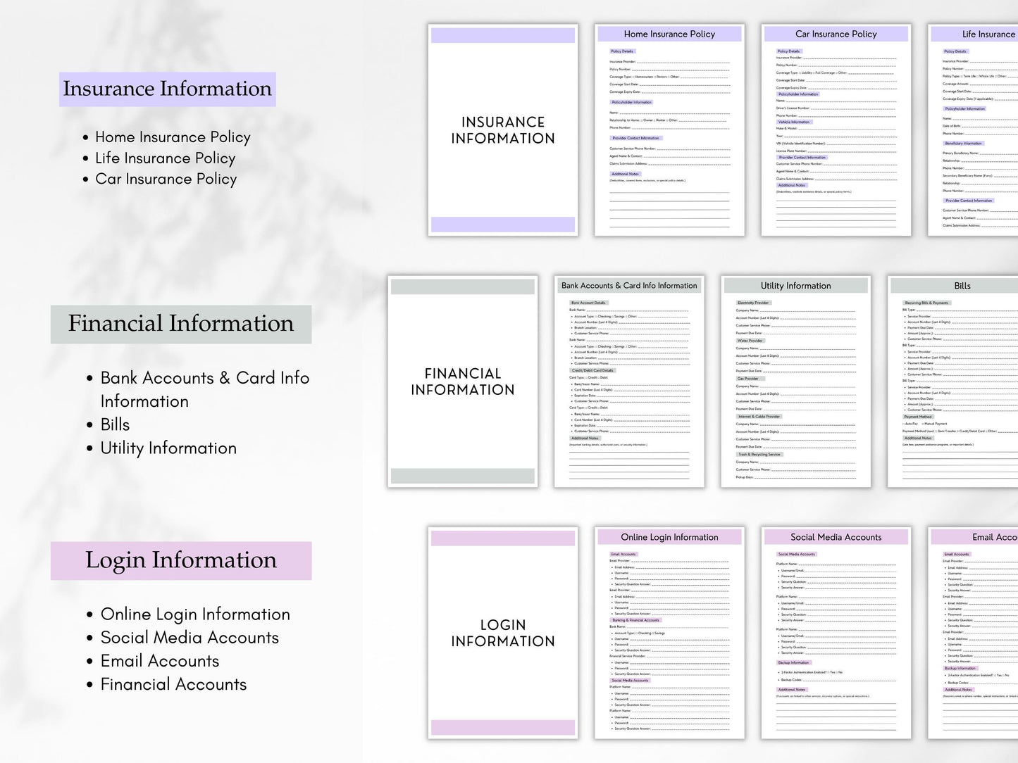 Emergency Planner Printable, Home Management Binder, Editable Health Planner, Financial Account, Bill, Documents Checklist, Digital Download