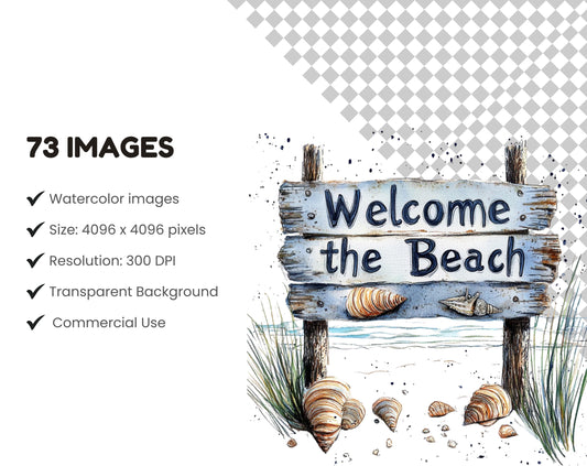 Summer Clipart png, Beach Clipart png Bundle, Watercolor Beach Clipart, Vacation Clipart, Ocean png Clipart, Beach Clipart Set