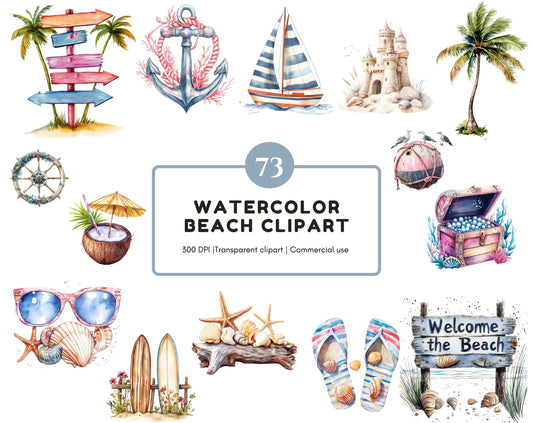 Summer Clipart png, Beach Clipart png Bundle, Watercolor Beach Clipart, Vacation Clipart, Ocean png Clipart, Beach Clipart Set