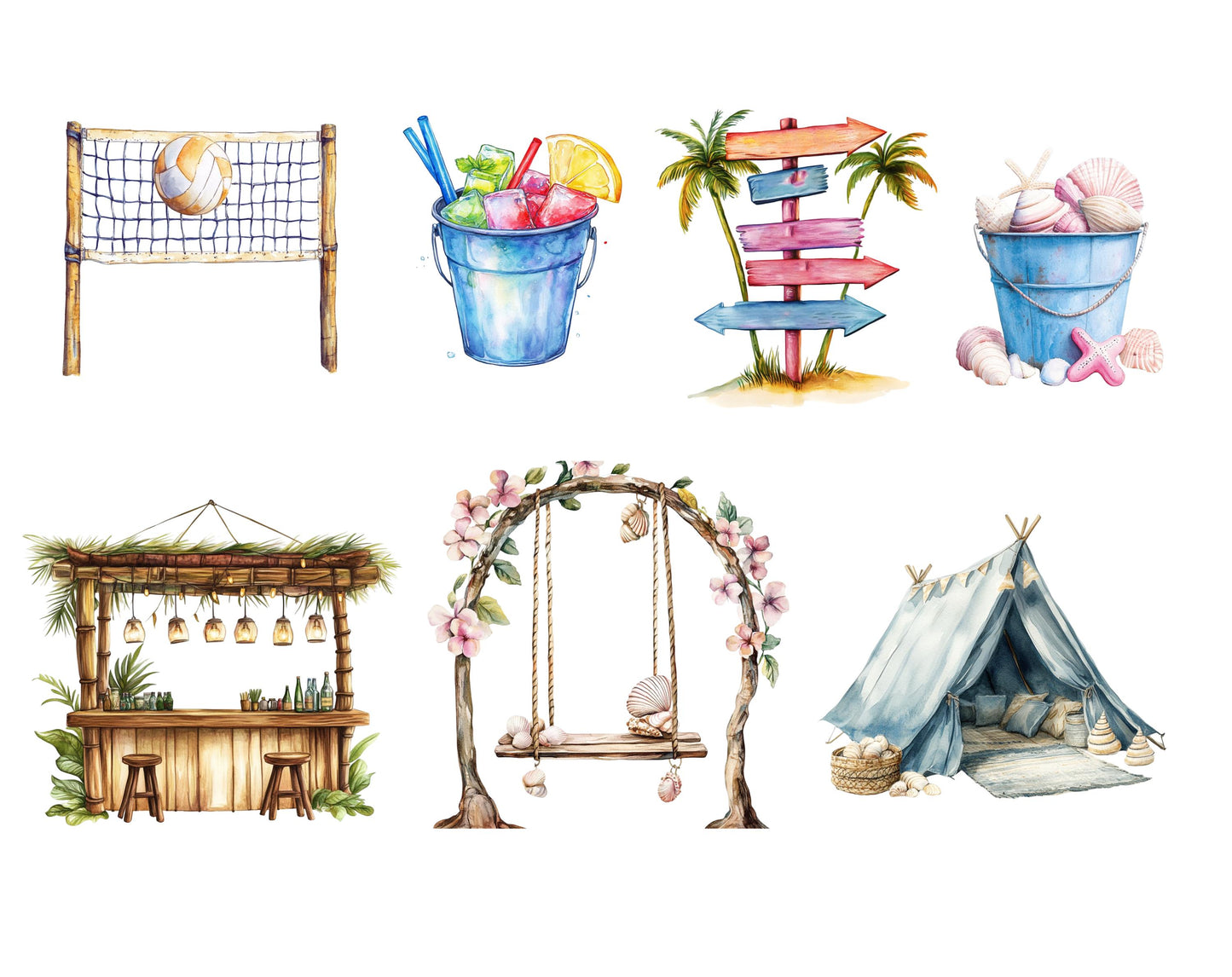 Summer Clipart png, Beach Clipart png Bundle, Watercolor Beach Clipart, Vacation Clipart, Ocean png Clipart, Beach Clipart Set