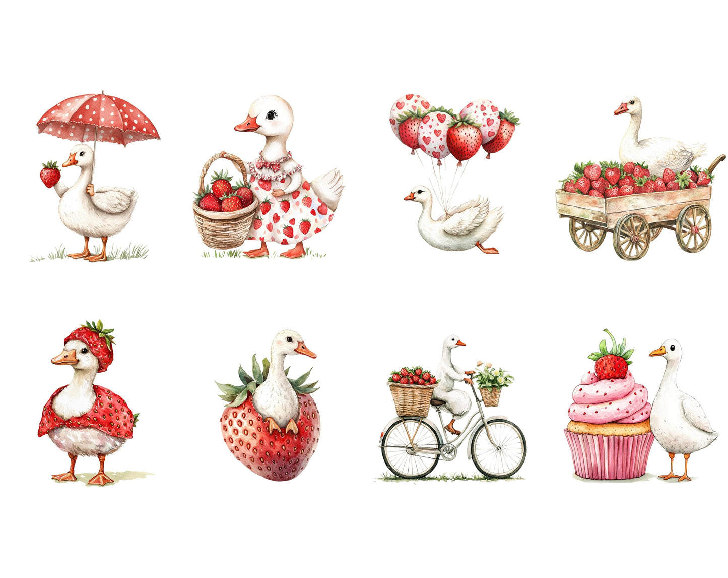 Strawberry Geese Clipart png Bundle, Cute Goose Clipart, Cute Geese Clipart png, Sweet Strawberry Goose Clipart, Strawberries Clipart
