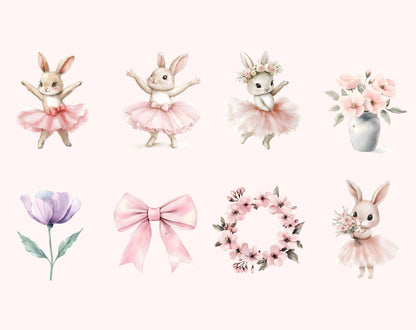 Ballerina Clipart Bundle, Watercolor Ballerina Bunny Clipart, Ballerina Bunny png, Pink Ballerina Bunny Clipart, Ballerina Bunny Baby Shower