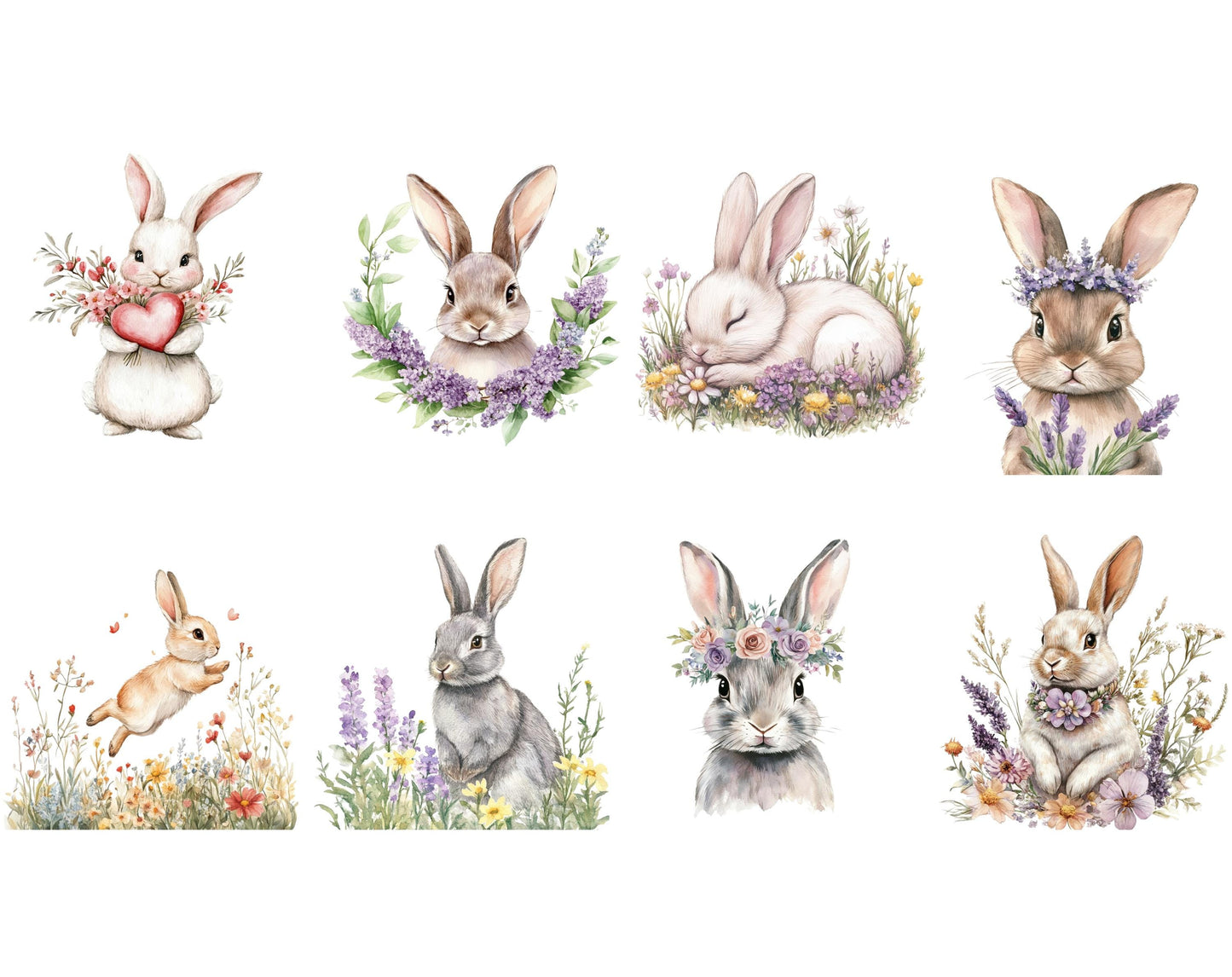 Watercolor Bunny Clipart Bundle, Floral Nursery Art (Digital Download)