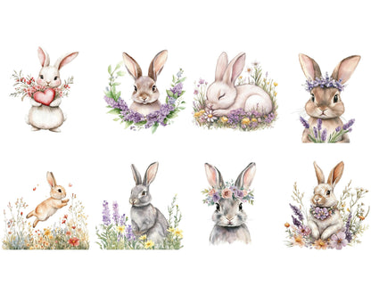 Watercolor Bunny Clipart Bundle, Floral Nursery Art (Digital Download)